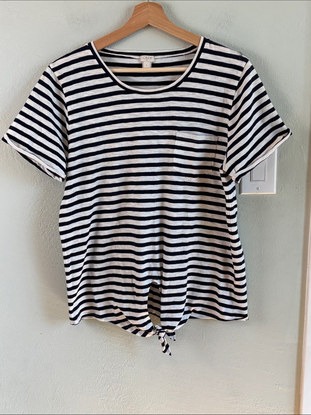 J. Crew Navy and White Striped Tie-Hem Pocket Tee